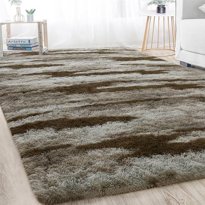 Meralax Area Rugs for Living Room Bedroom, Machine Washable 4x6 Feet Soft Fluffy Shaggy Bedside Rug, Indoor Floor Carpet for Kids Girls Boys, Dorms, Nursery Rooms, Home Decor Aesthetic, Abstract Beige