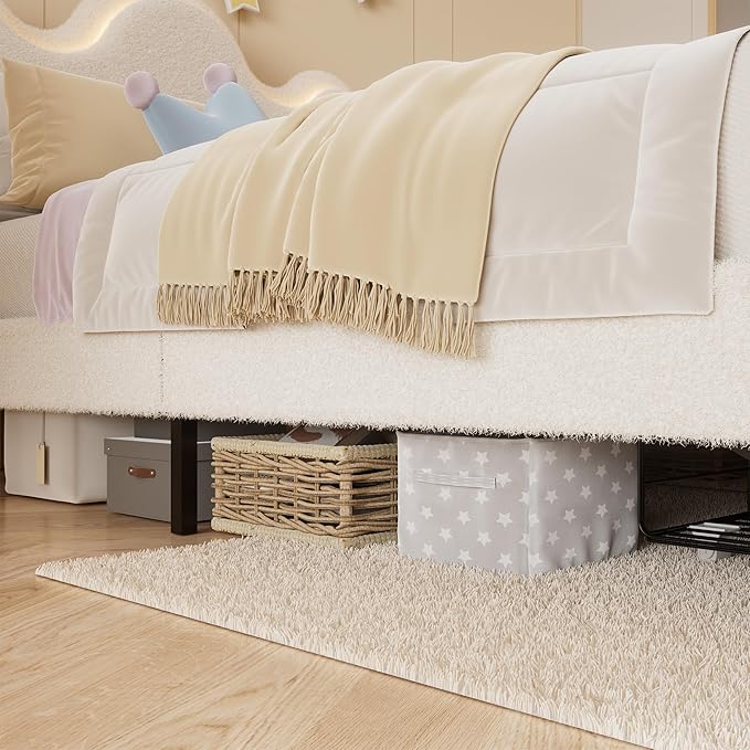Queen Upholstered LED Bed Frame with Storage Drawers Girls Bed with Flower Headboard Boucle Princess Platform Bed Frame for Kids/Girls Strong Wood Slat Support,No Box Spring Needed,Easy Assembly