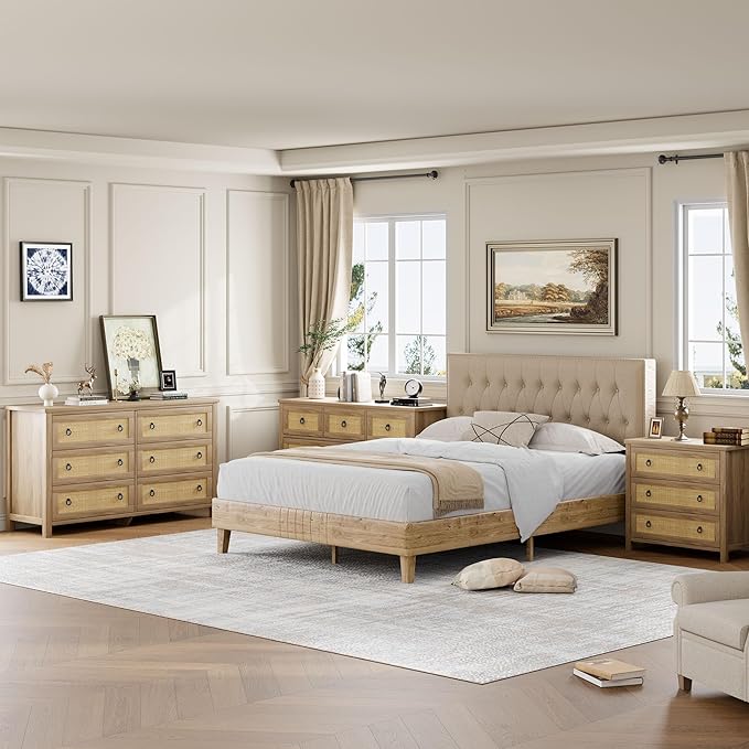 IDEALHOUSE Rattan Dresser for Bedroom, Chest of Dressers 29" Tall Dresser for Closet with 3 Rattan Drawers Chest with Clothes Storage Cabinet, Drawer Organizer for Bedroom, Living Room, Hallway