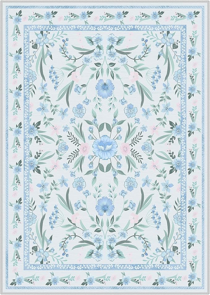 Blue Floral Rug 5x7 for Girls Bedroom, Washable Non-Slip Boho Area Rug, Soft Ultra-Thin Carpet for Nursery, Kids Room, Dorm, Living Room or Playroom