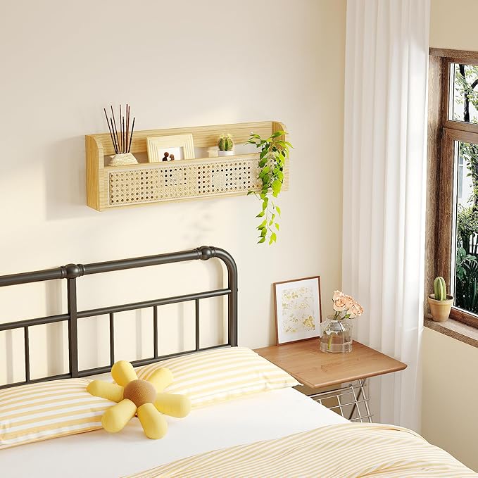 Wooden Rattan Wall Shelf - 24’’ Nursery Hanging Book Shelves for Wall, Picture Ledge Wicker Shelf, Boho Decorative Shelves for Netural Nursery Decor, Floating Rattan Shelf for Office,Bedroom