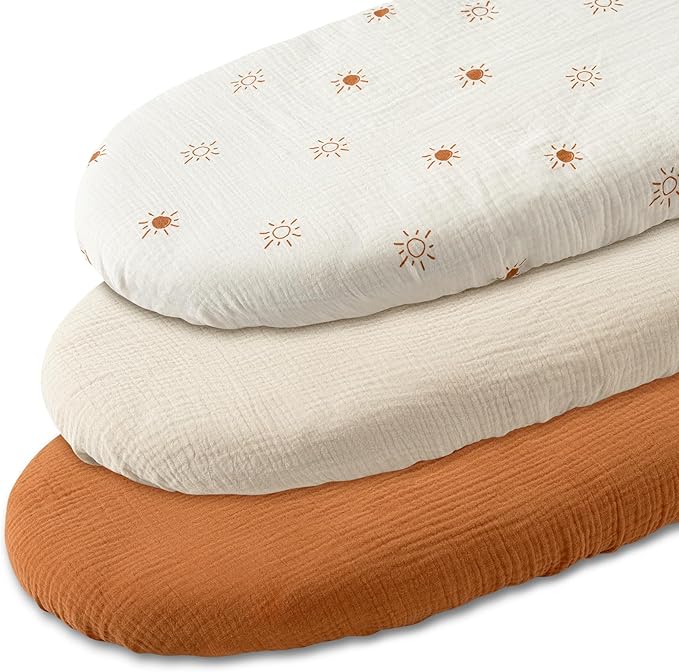 Gllquen Baby Muslin Bassinet Sheets 3 Pack, Breathable Elastic Cozy Fitted Cotton Bassinet Mattress Sheet for Baby Boy Girls, Fit for Hourglass Oval Rectangular Cradle Pad Sheets 33"x17" (Sunshine)