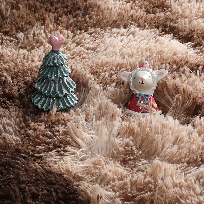 Amdrebio Tie-Dyed Brown Round Circle Rugs 5Ft for Bedroom, Fluffy Shag Plush Area Rugs for Kids Room, Living Room Decor Aesthetic, Fuzzy Fur Throw Floor Carpet for Playroom Preppy Dorm Baby Nursery