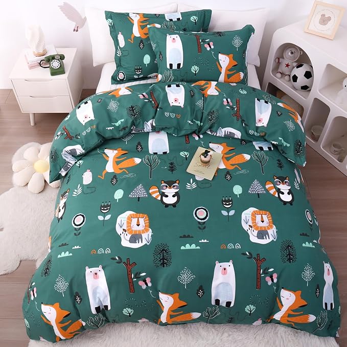 JSD Green Forest Animal Kids Duvet Cover Set Full Size, 3 Piece Soft Printed Microfiber Comforter Cover with Pillow Sham Zipper Closure, Comforter Not Included