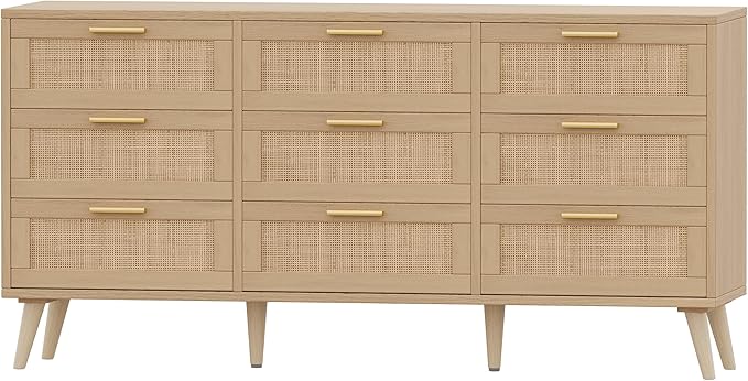 Rovaurx 9 Drawer Double Dresser for Bedroom, Rattan Chest of Dressers, Modern Wooden Dresser Chest with Golden Handles, Beside Table for Closet, Living Room and Entryway, Natural