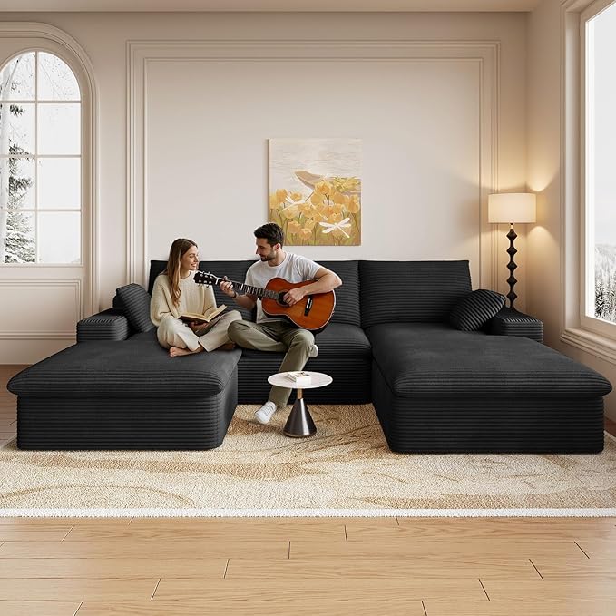 107" Cloud Modular Sectional Sofa with 1 Ottoman, Deep Seat Boneless Couch, Modern Upholstered Corduroy Couches, Comfort U Shaped Sofa for Living Room, No Assembly Required(Black,Right Facing Chaise)