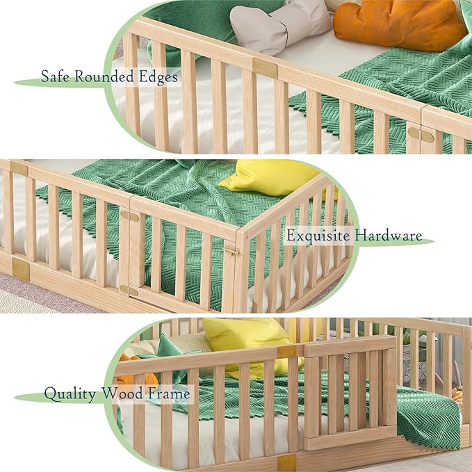 Tatub Full Montessori Floor Bed with High Rails, Solid Wood Montessori Bed Frame for Kids, Door Can Install Left and Right, Full-Nature