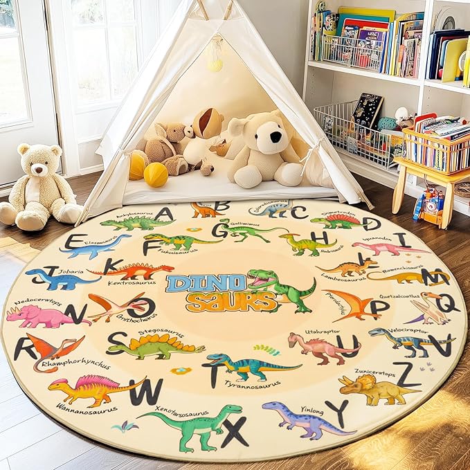 Kids Rugs for Playroom, 5'x5' Round Educational Rug for Learn The ABC Alphabet, Soft Machine Washable Non-Slip Cute Dinosaur Carpet for Classroom Toddler Nursery Kids Room Decor Mat, Beige