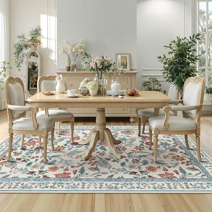 Blue Floral 5x7 Area Rug, Washable Non-Slip Boho Rugs for Living Room Low Pile Flower Birds Bedroom Rug, Soft Non-Shedding Botanical Indoor Carpet for Nursery Playroom Dining Room