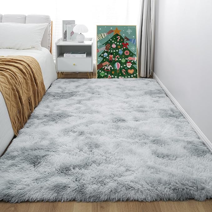 6x9 Light Grey Fluffy Shag Area Rug for Bedroom, Soft Plush Fuzzy Washable Non Slip Carpet for Living Room, Modern Comfy Furry Shaggy Large Rug for Kids Baby Boys Nursery Dorm, Tie-Dye Gray