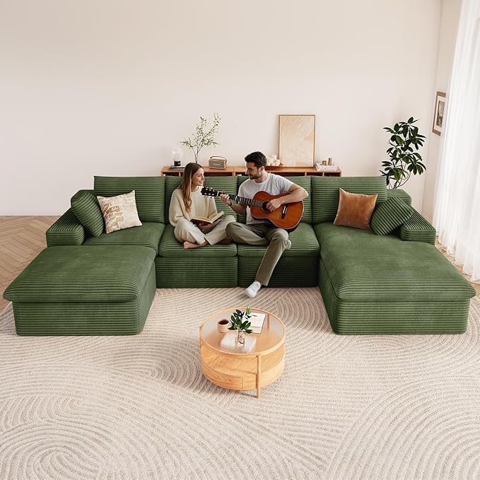 136" Cloud Modular Sectional Sofa with 1 Ottoman, Deep Seat Boneless Couch, Modern Upholstered Corduroy Couches, Comfort U Shaped Sofa for Living Room, No Assembly Required(Green,Right Facing Chaise)