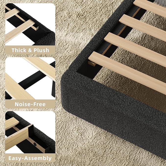 HOMBCK King Size Boucle Bed Frame, Upholstered Cloud Bed Frame with Headboard, Soft Platform Bed Frame with Thickened Footboard, Rounded Corners, No Box Spring Required, Easy Assembly, Black