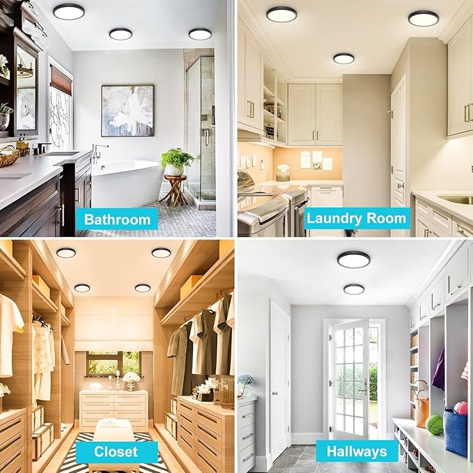 libtit 12 Pack Black Led Ceiling Light - 7 Inch 15W 1500Lm Small Ceiling Lighting Fixture, 3000K/4000K/6500K Color Selectable, Recessed Led Kitchen Ceiling Lamp for Shower Hallway Laundry Closet
