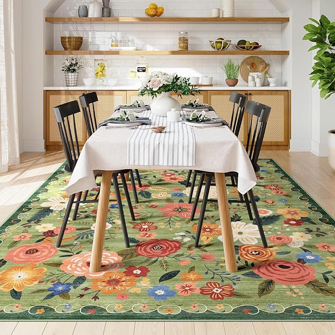 8x10 Washable Area Rug for Living Room, Floral Non-Slip Non-Shedding & Easy Care, Large Soft Low Pile Indoor Floor Carpet for Living Room, Bedroom, Farmhouse, Dining Room, Kids Playroom, Green