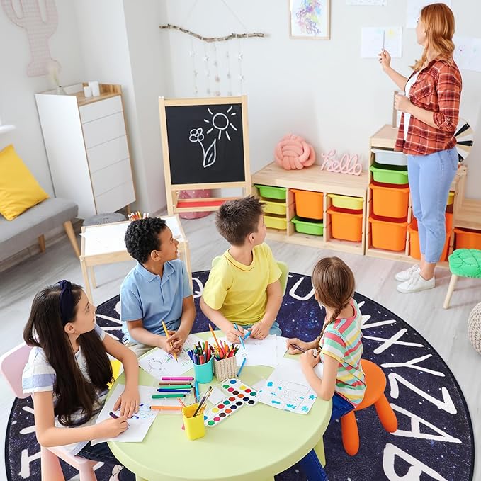 LIVEBOX Kids Play Room Round Rug for Bedroom, ABC Washable Rug for Classroom, Large Circle Rug for Playroom,Galaxy ABC Rugs Educational Learning Carpet for Classroom Dorm(71",Star Blue)