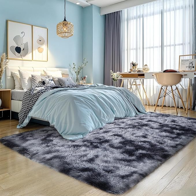 Thick Area Rug Dark Grey Fluffy Shag 6x9 for Bedroom Living Room Ultra Soft Plush Fuzzy Washable Thickened Non-Slip Carpet, Comfy Shaggy Furry Rug for Kids Baby Nursery Dorm, Tie-Dye Gray