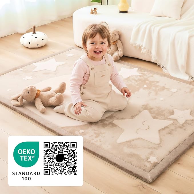 Stylish Coral Baby Play Mat for Floor 47" x 67" Moon&Stars – Soft 1" Thick High-Density Memory Foam Nursery Rug,Kids Rug with Non-Slip Backing for Crawling & Playing, Playroom Rug, Kids Carpet