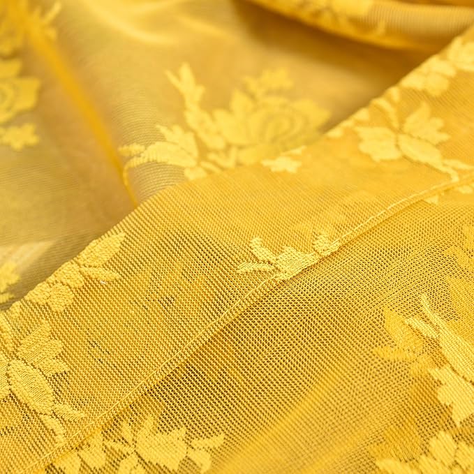 Kotile Mustard Yellow Sheer Curtains 90 Inches Long, Country Rustic Floral Retro Gold Lace Curtains for Living Room Bedroom, Rod Pocket Light Filtering Privacy Boho Window Curtain Drapes, 52 x 90 Inch