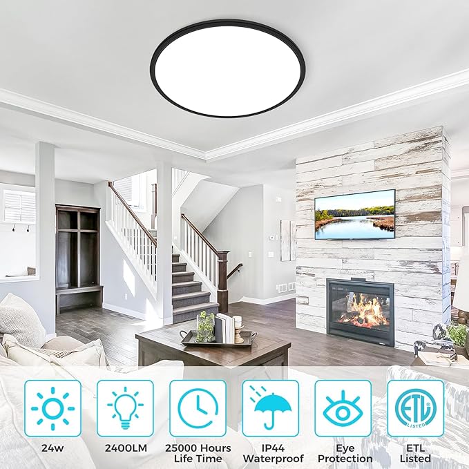 libtit 20 Inch LED Ceiling Light, 4200LM 35W Large & Bright Flush Mount Lighting Fixture, 3000K/4500K/6000K White Round Flat LED Ceiling Lamp for Bedroom Kitchen Livingroom Office (Black)