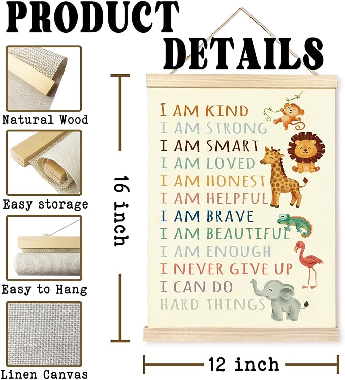 Hiuwevt Positive Affirmations Wall Art, I Am Kind Inspirational Poster Hanger Frame, Baby Wild Animal Nursery Wall Art Home Decor for Kid Boys Girls Toddler Nursery Room Bedroom Playroom, 12x16 Inch