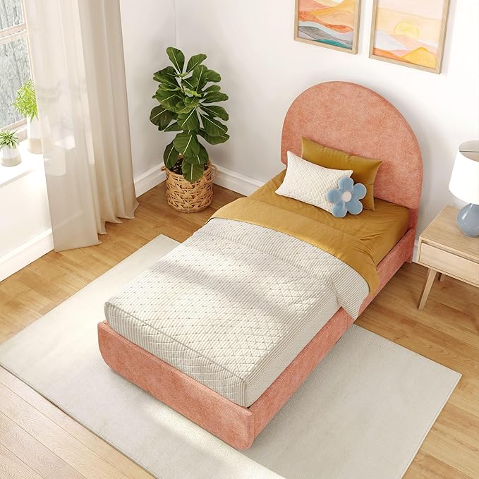 Max & Lily Upholstered Twin Bed Frame with Arch Headboard, Upholstered Platform Bed for Kids, No Box Spring Needed, Easy Assembly, Dusty Rose