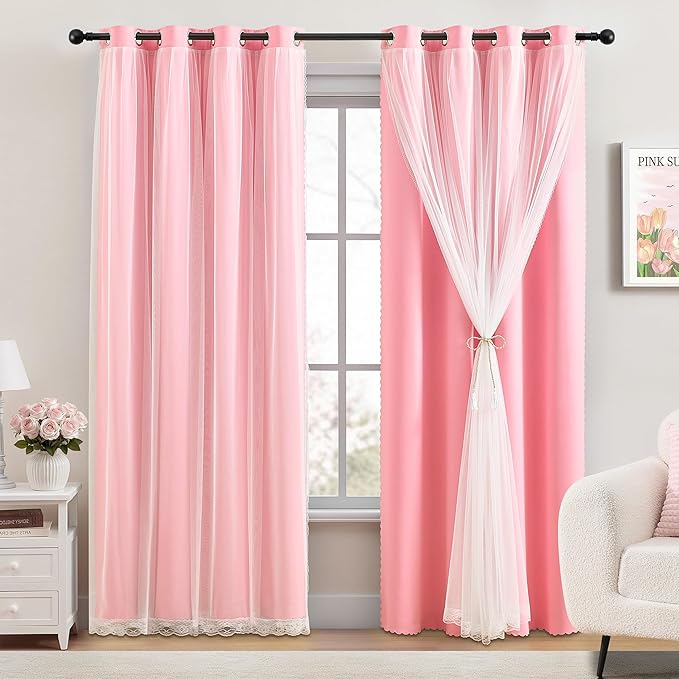 XiDi 100% Blackout Pink Girls Curtains for Bedroom 63 Inches Long 2 Panels Nursery Curtains with Sheer Overlay Kids Princess Room Decor Soundproof Light Blokc Grommet Window Drapes Pink 52W x 63L