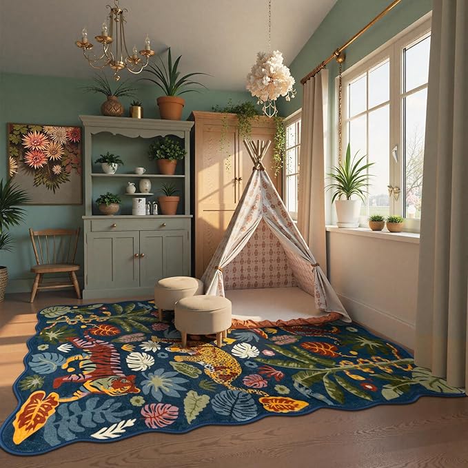 LEEVAN 5x7 Animal Area Rugs Washable Blue Tiger Living Room Rugs Non Slip Scalloped Tiger Bedroom Rug Low Pile Leopard Nursery Floor Carpet Jungle Leaf Print Kids Rug