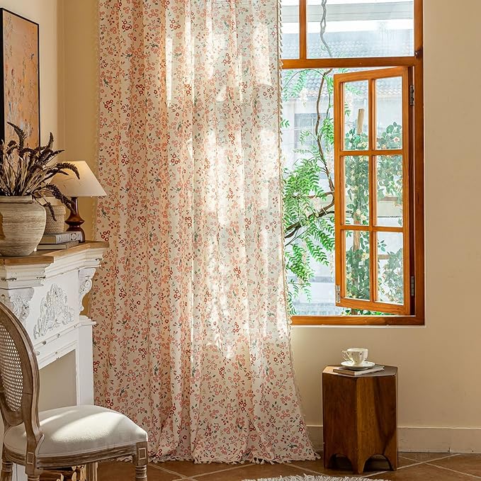 OYX Pink Boho Farmhouse Floral Curtains 63 Inch Long 2 Panels For Living Room, Flower Girl Bedroom Light Filtering Drapes, Vintage Country French Patterned Rod Pocket Aesthetic Decor Window Treatments