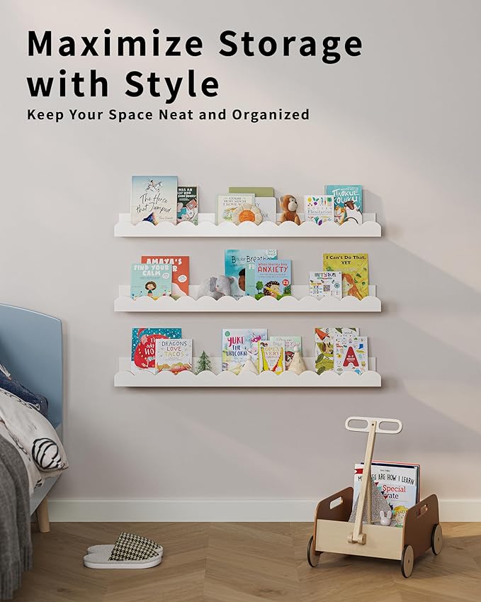 Nursery Book Shelves, Set of 3, Nursery Decor for Baby and Toddler, Scalloped Shelves, Book Shelf for Kids Rooms, Wall Book Shelf for Bedroom Kids, Floating Shelf for Wall