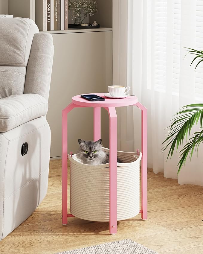 TUTOTAK Small Side Table, Round End Table, Night Stand, Bedside Table, Set of 2, Sofa Table with Storage Basket, Living Room, Bed Room, Pink TB01BP0922