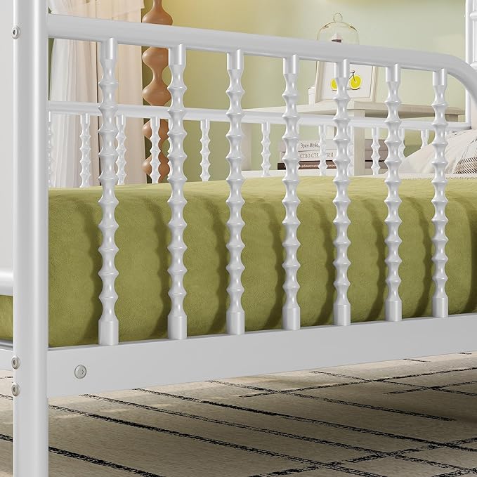 Ball & Cast Twin Size Toddler Bed W/LED Light,Metal Bed W/Linen Fabric Upholstered Storage Headboard,Platform Bed Frame W/Safety Guardrails & Low Profile Design,for Boys Girls,White