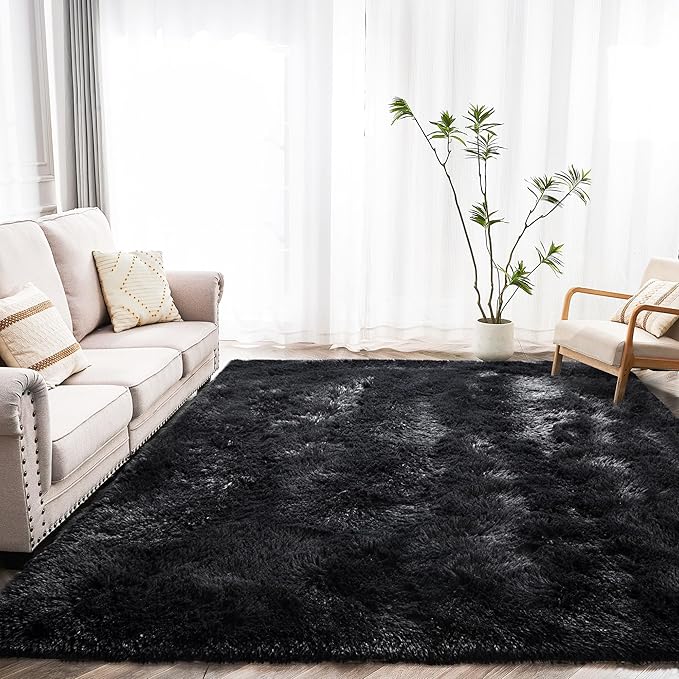 Fluffy Rug Flame Resistant 5x7 Feet, Black Throw Rugs for Living Room, Ultra Soft Shag Fuzzy Plush Carpets Indoor