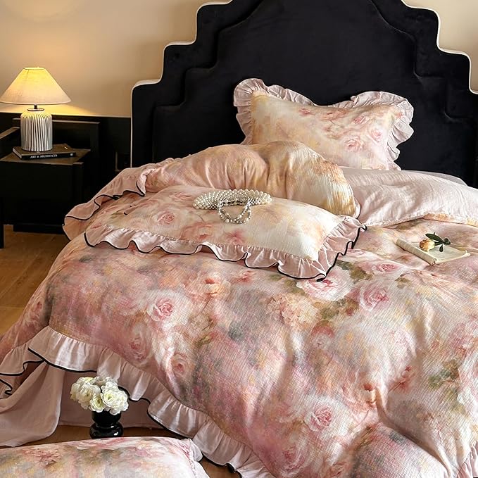 HighBuy Cottagecore Floral Linen Duvet Cover Queen for Hot Sleepers,Coquette Bedding Ruffle Duvet Cover Set Shabby Chic Yarn-Dyed Textured Bedding Set Breathable Durable Luxury with Zipper