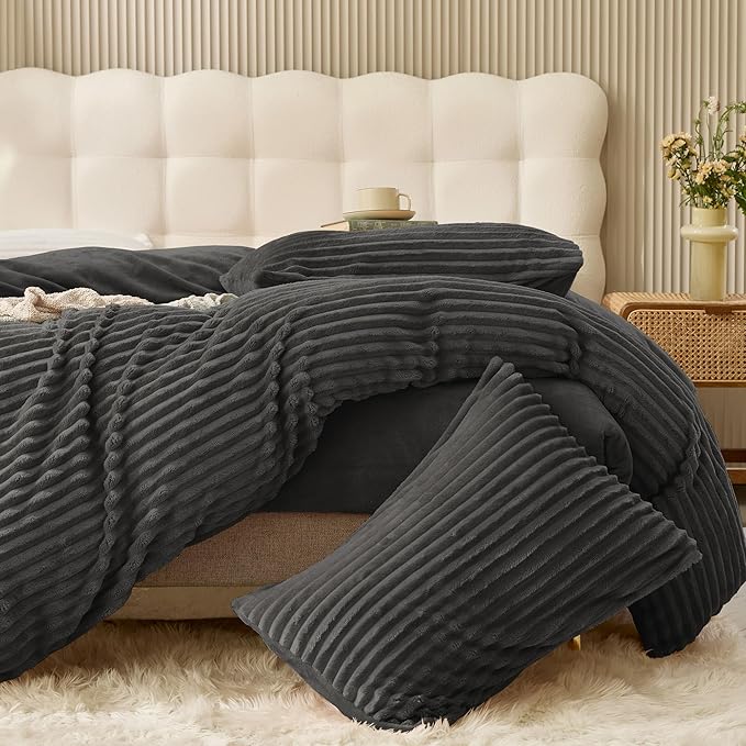 JELLYMONI Plush Duvet Cover Set - King Size Dark Gray Striped Fluffy Comforter Cover 3pcs Bedding Set Luxury Ultra Soft Faux Fur Duvet Cover with Zipper and 2 Pillowcases (NO Comforter)