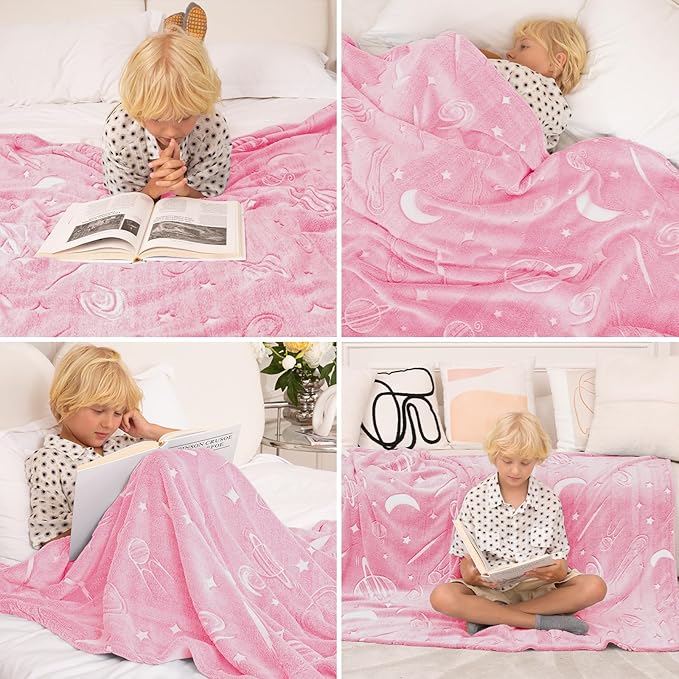 inhand Pink Blanket Girl Room Decor Glow in The Dark Blanket Soft Cute Space Star Moon Galaxy for Kids Birthday Gifts Planet Toys for 1,2,3,4,5,6,7,8,9,10Years Old (30''x40'' Pink)