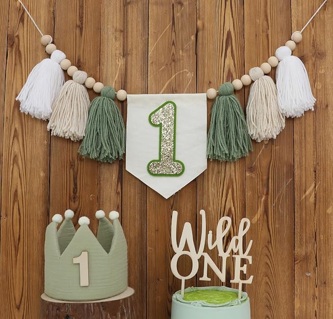 Wild One High Chair Banner For 1st Birthday Party Boy Decorations With Green Tassel Garland Crown Hat Wild One Cake Topper