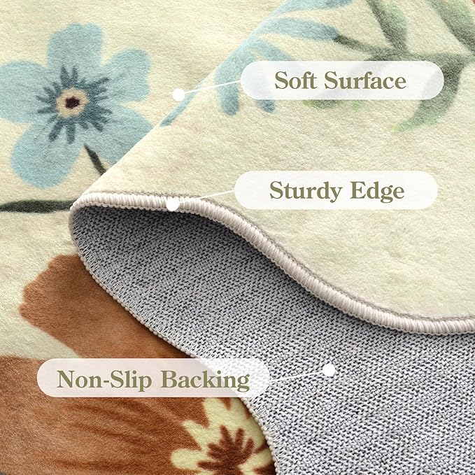 Lahome Floral Round Area Rugs, Washable Small Round Rug 3ft Non-Slip, Soft Boho Ultra-Thin Circle Carpet for Bedroom Entryway Kitchen Laundry Bathroom, Beige
