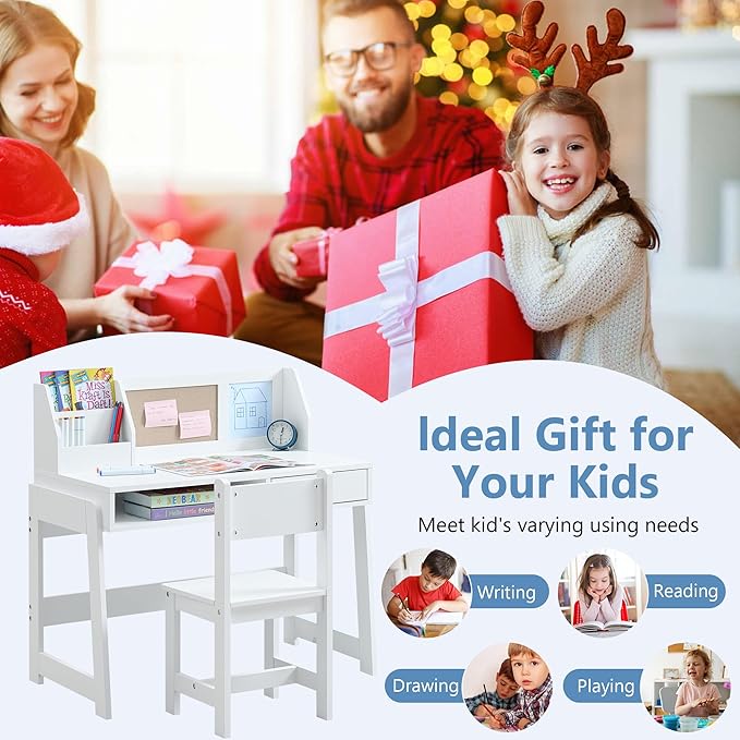 Kids Study Desk and Chair Set, Student Table and Chair Set with Storage Shelf, Wooden Kids Desk with Hutch, Children Writing Table for Home School