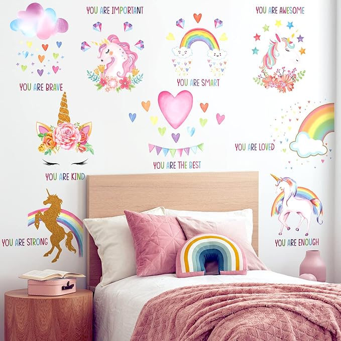 Epakh 9 Pieces Unicorn Wall Decals Stickers Unicorn Room Decor for Girls Bedroom Rainbow Posters Stickers Removable Inspirational Wall Decals for Little Girls Kids Birthday Party Baby Nursery