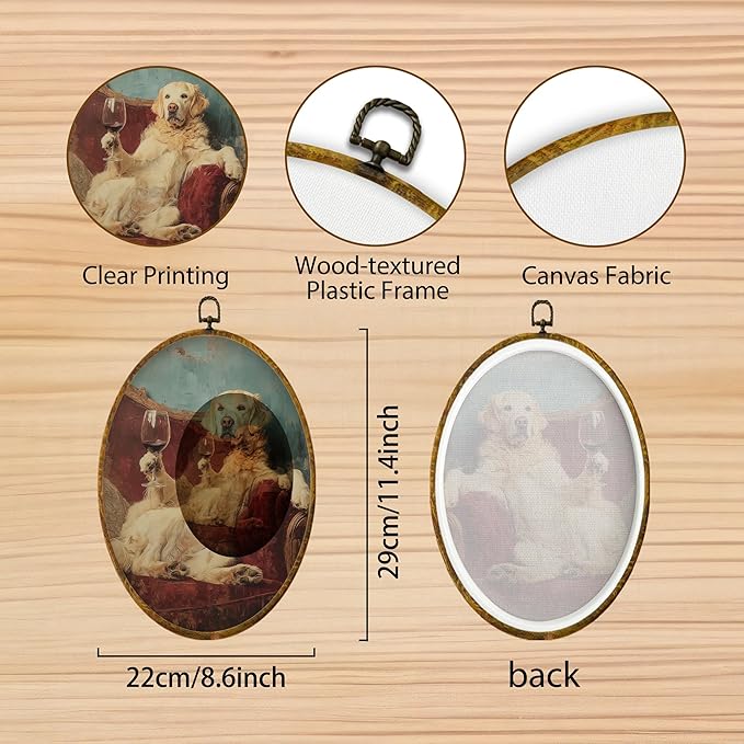 Hiuwevt Funny Golden Retriever Oval Wall Art Decor, Golden Retriever Gifts Framed Canvas Prints, Farmhouse Dog Drink Wine Oval Wall Hanging Decor for Home Bedroom Kitchen Decorations, 8.6x11.4 Inches