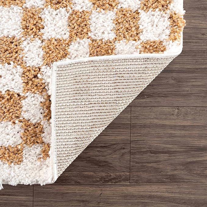 BoutiqueRugs Kieu Modern Checkered Shag Runner Rug - High Pile Fluffy Shag Carpet for Hallway, Nursery, Playroom, Girls Boys Room - White, Yellow - 2'7" x 7'3" (2x8)