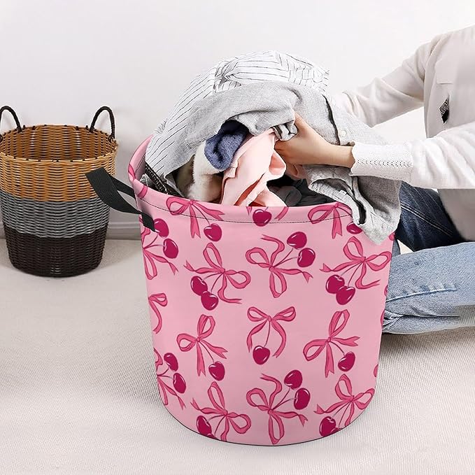 Pink Laundry Basket Cherry Decor Bow Laundry Hamper Clothes Toy Storage Bin for Bedroom Bathroom