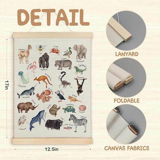 SereneHanctuary Animal Alphabet Wall Art,Animal Nursery Wall Decor, Educational Alphabet Animals Poster Hanger Frame for Toddler Kids Bedroom Nursery Playroom Classroom Decor,12x16 Inches