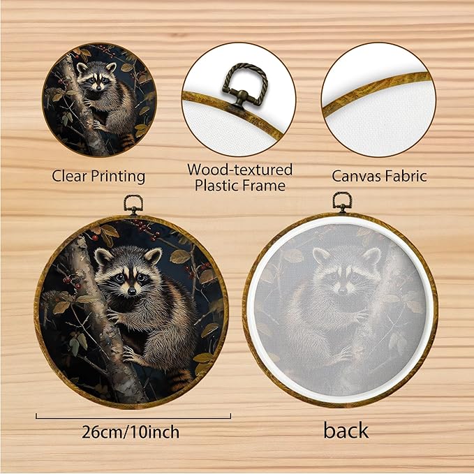 Hiuwevt Raccoon Round Wall Art Decor, Vintage Dark Moody Academia Botanical Trash Panda Framed Canvas Prints, Cottagecore Raccoon Round Wall Hanging Decor for Bedroom Home Decorations, 10x10 Inches