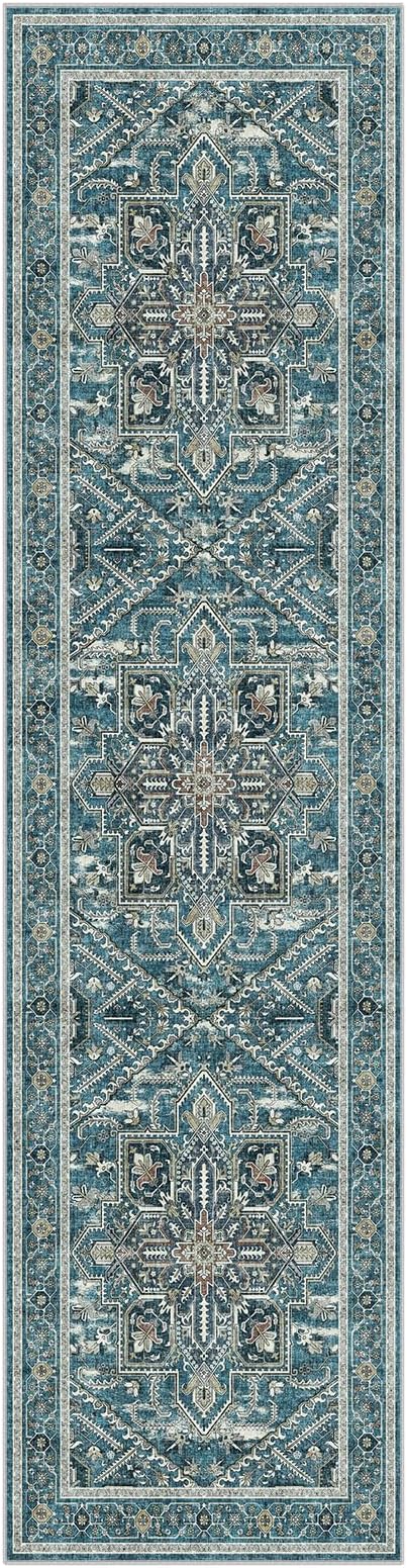 WITSHOCK Teal Wshable Runner 3x12: Long Runner Rug Boho Soft Low Pile Stain Resistant Foldable Carpet for Bedroom Hallway Entryway Kitchen Indoor Entrance, Vintage Distressed Farmhouse Home Decor