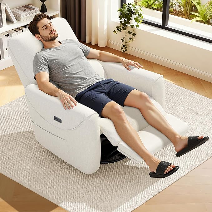 KINGYES Nursery Rocking Chair, Glider Rocking Chair for Nursery, 270° Swivel Glider, Bluetooth Speaker & USB-C Port, Fabric Nursery Recliner Sofa, Cream