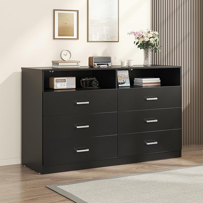 Bigbiglife 6 Drawers Dresser for Bedroom with Open Storage Cubby, Double Wide Dresser Organizer for Bedroom, Living Room, Entryway, Hallway (Black)