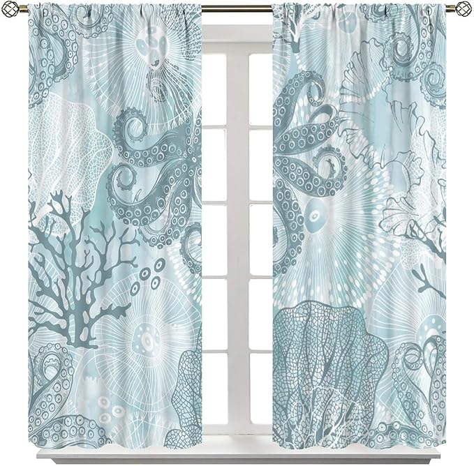 Coastal Window Curtains,Nautical Beach Themed Thermal Insulating Blackout Curtain for Living Room, Bedroom Set 2 Panels,72x63 Inches