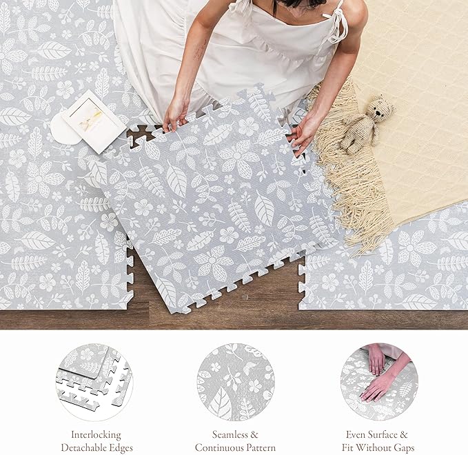 PopsyKosy Premium Baby Floor Play Mat - Thick & Cushioned 0.5 inch Playroom Foam Mat, Non-Toxic Odorless - 6 Tiles - Spacious 6x4 ft. - Stylish & Large, Waterproof for Kids & Toddlers - Tranquil Gray