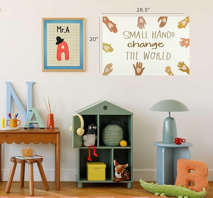 Neutral Rectangular Banner Flag Wall Decor Gift for Baby Boy Girl Kid,Nursery Classroom Homeschool Bedroom Reading Room Playroom-Small Hands Change the World-Baby,Shower Birthday Christmas Gift